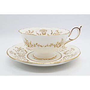 Vintage Coalport Teacup and Saucer Golden Gold Gilt Lire Instrument Design Tea